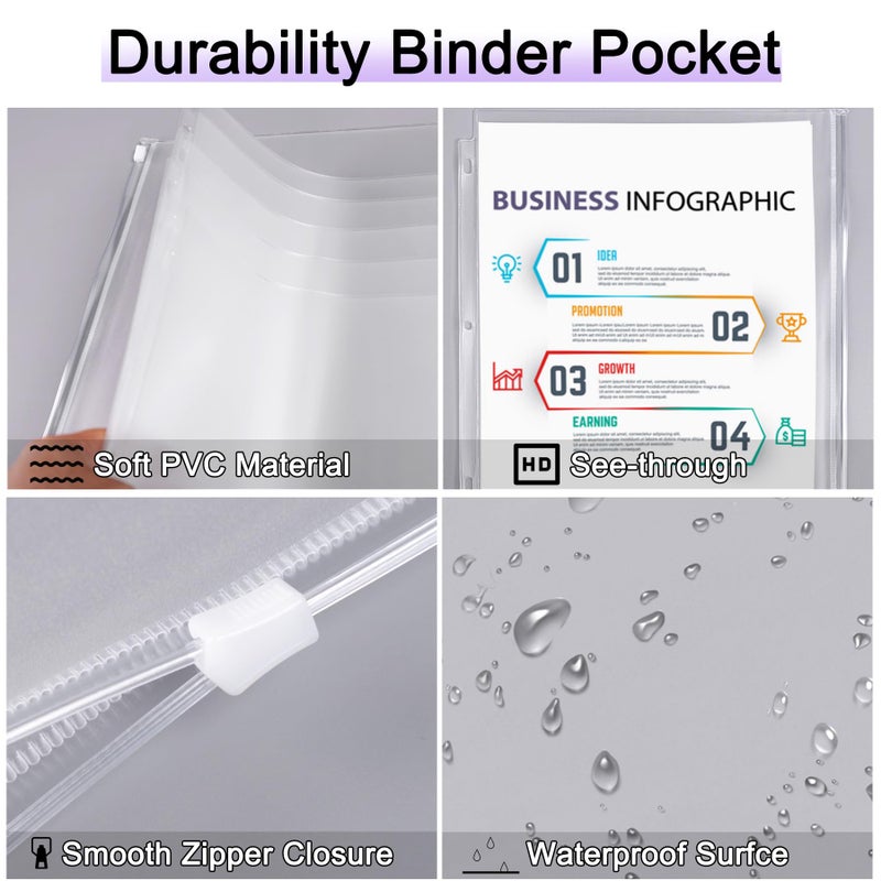 Antner حقيبة ملفات أنتر 12 حزمة بحجم الرسالة مع 3 ثقوب وسحاب لحافظة 3 حلقات، حقيبة PVC شفافة لأوراق مفكوكة، واقيات صفحات لحفظ الوثائق، أكياس تخزين مقاومة للماء - Image 3